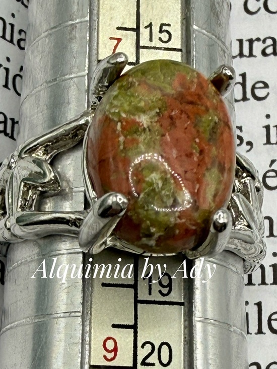 Alquimia Jewelry - Olive Green unakite Oval Stone Ring in Silver Vine Setting